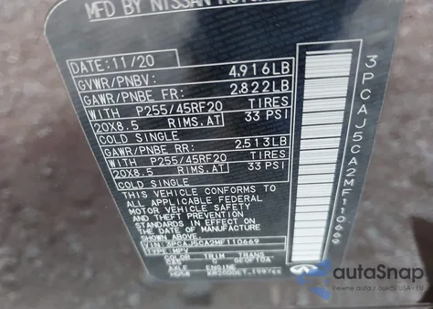 2021 Infiniti Qx50 Sensory z USA, uszkodzony, nr VIN 3PCAJ5CA2MF110669